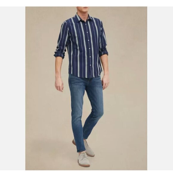 Banana Republic UNTUCKED Slim Fit Navy/Grey Stripe Button-down Cotton Size L $80 - Picture 1 of 4